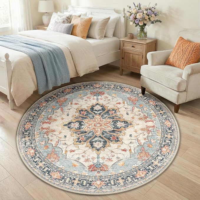 RELEANY Washable Area Rug, Round 5ft, Water Repellent, Pet Friendly, Vintage - Image 2