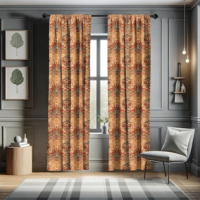 Ambesonne African Curtains, Motif with Pattern Design, Window Treatments 2 Panel Set for Living Room Bedroom, Pair of - 28" x 84", Brown Orange