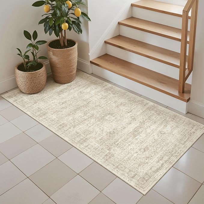 Soalmost 2x4 Washable Rugs for Kitchen, Small Area Rug Beige | Non-Slip Vintage - Image 4