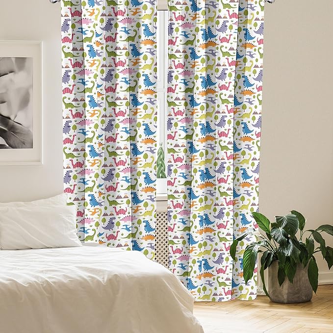 Ambesonne Dino Window Curtains, Cartoon Style Colorful Dinosaurs T-Rex Triceratops Prehistoric Reptile Wildlife, Lightweight Decor 2-Panel Set with Rod Pocket, Pair of - 28" x 95", Blue Green
