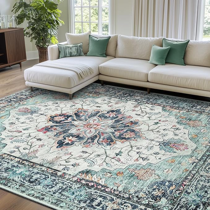 RELEANY Washable Area Rug, Teal Green/White/Navy | Non-Slip, Water Repellent by RELEANY