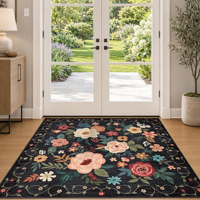DUKINO 4x4 Square Area Rug, Soft Floral Washable Rug - Image 9