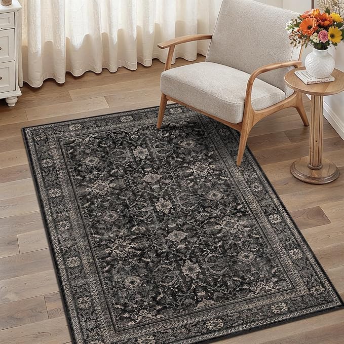 Schweek 3x5 Washable Area Rug Vintage Floral Non Slip Entryway Rugs Black | - Image 3