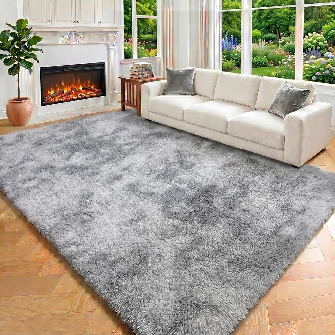 6x9 Area Rugs for Living Room, Large Tie-Dyed Light Grey Fluffy Shag Rug for - Image 7