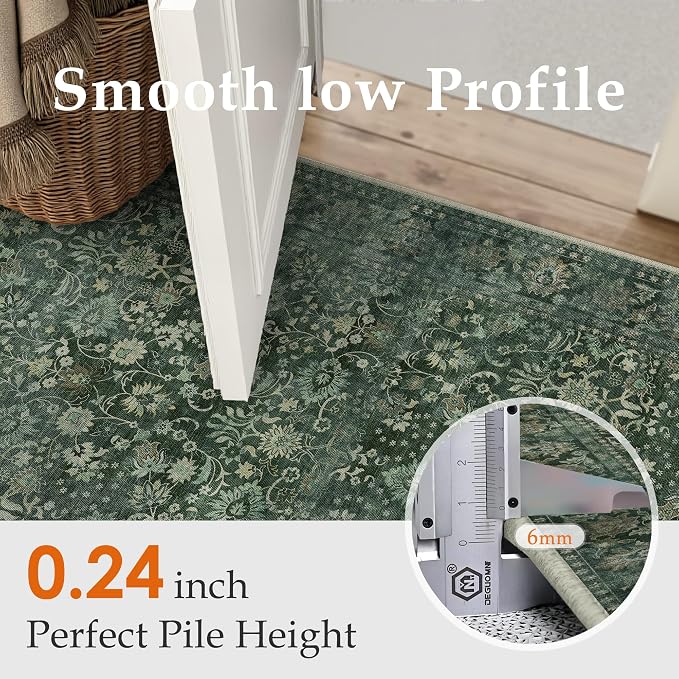 5x7 Dark Green Vintage Floral Washable Area Rug - Image 5