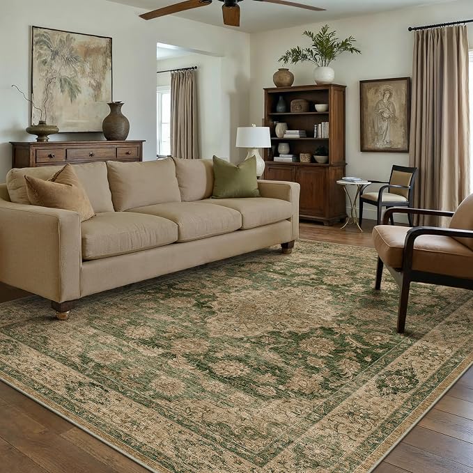9x12 Green Retro Floral Washable Area Rug - Image 3