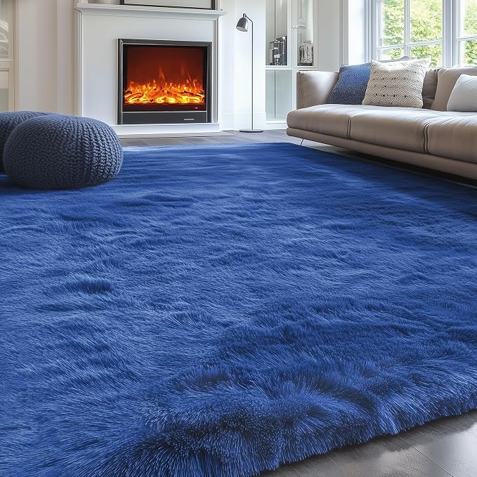 Fluffy Navy Rugs for Bedroom 4x6 Ft Soft Shaggy Blue Carpet for Living Room | - Image 7