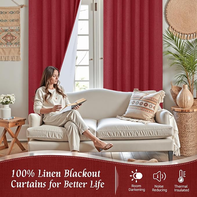 63 Inch Length 100% Blackout Linen Curtains - Image 2