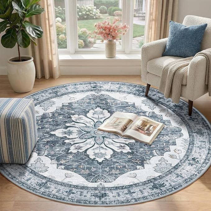 RELEANY Washable Area Rug, Round 4ft, Water Repellent, Pet Friendly, Vintage - Image 2