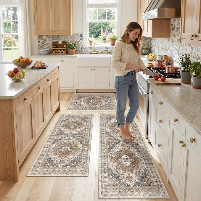 Madane Washable Kitchen Rug Set of 3 Small Area Rugs Non-Slip Turmeric/Grey | - Image 2