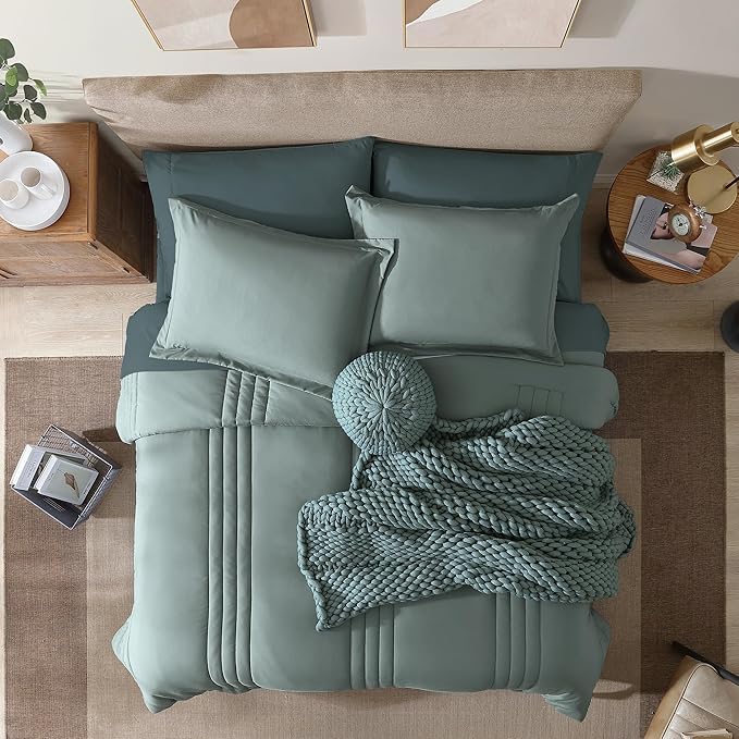 Monbix California King Size Comforter Set - 7 Pieces Bed in a Bag California King, Sage Green Bedding Sets, All Seasons Down Alternative Comforter Bed Set with Sheets, Pillowcases & Shams