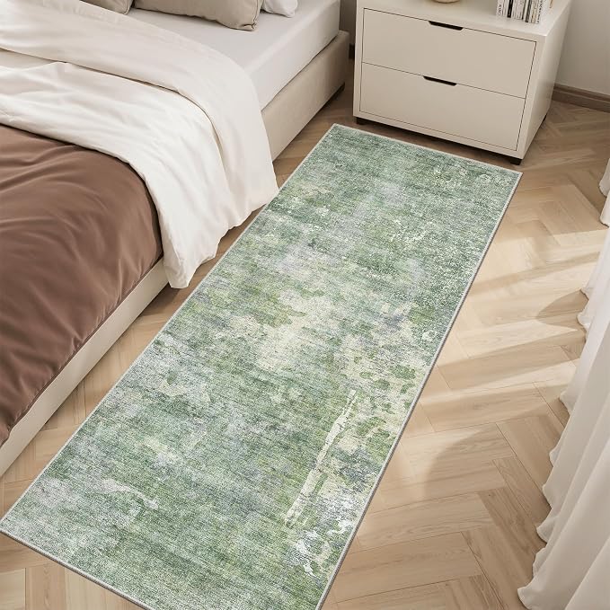 Soalmost Abstratc Runner Rug 2x6 Kitchen Hallway Runners Green/Ivory | Low-Pile - Image 3