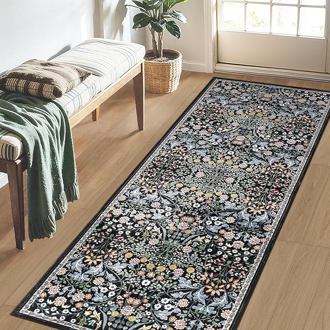 PLHXFR 2.6x8 Washable Runner Rug：Floral Indoor Kitchen Carpet Dark Black | - Image 3
