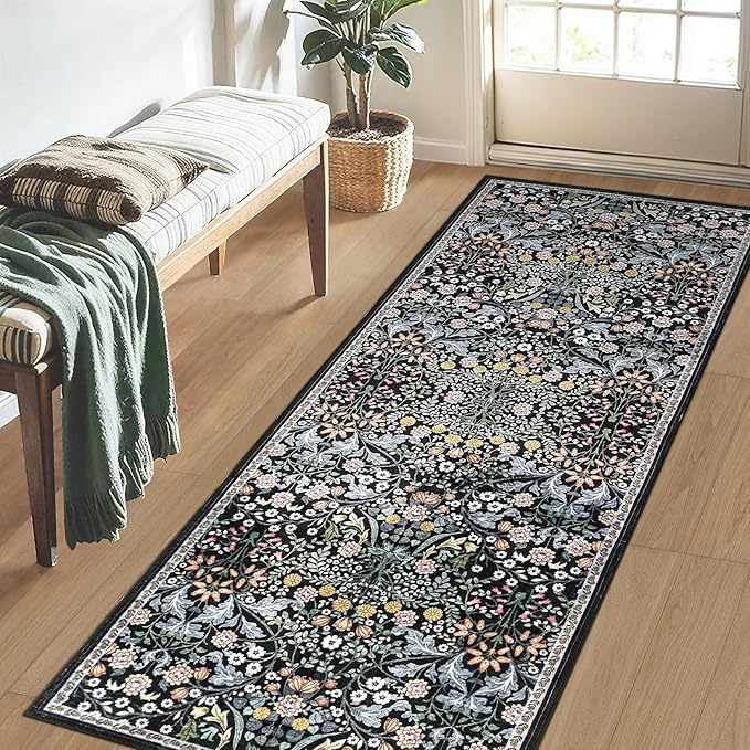 PLHXFR 2x5 Washable Runner Rug：Floral Indoor Kitchen Carpet Dark Black | - Image 3