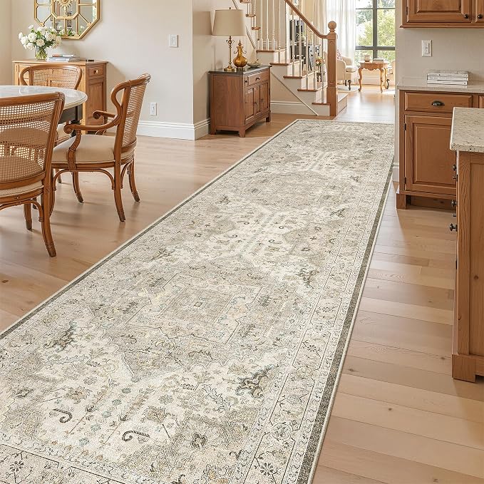 Madane Hallway Runner Rug 3x12 Washable Kitchen Runners 12ft, Ivory/Brown | by Madane