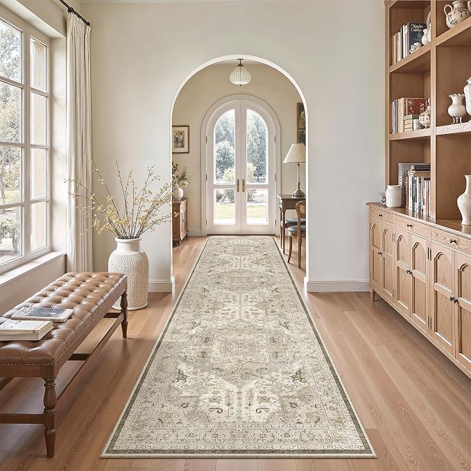 Madane Hallway Runner Rug 2'6''x10' Kitchen Runners Vintage, Ivory/Brown | - Image 4