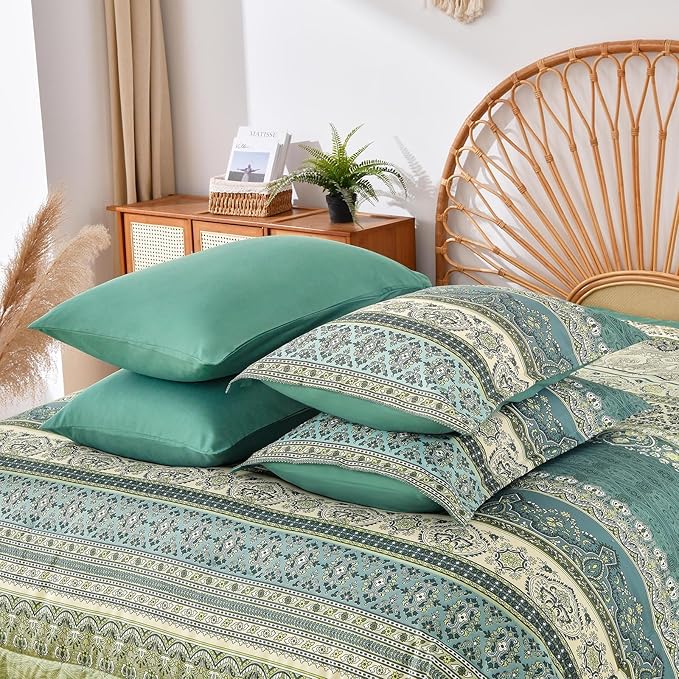 Cottolester Boho Queen Comforter Set 8 Pieces,Green Bohemian Comforter Paisley Striped Bed in A Bag,Soft Microfiber Bedding Set for All Season