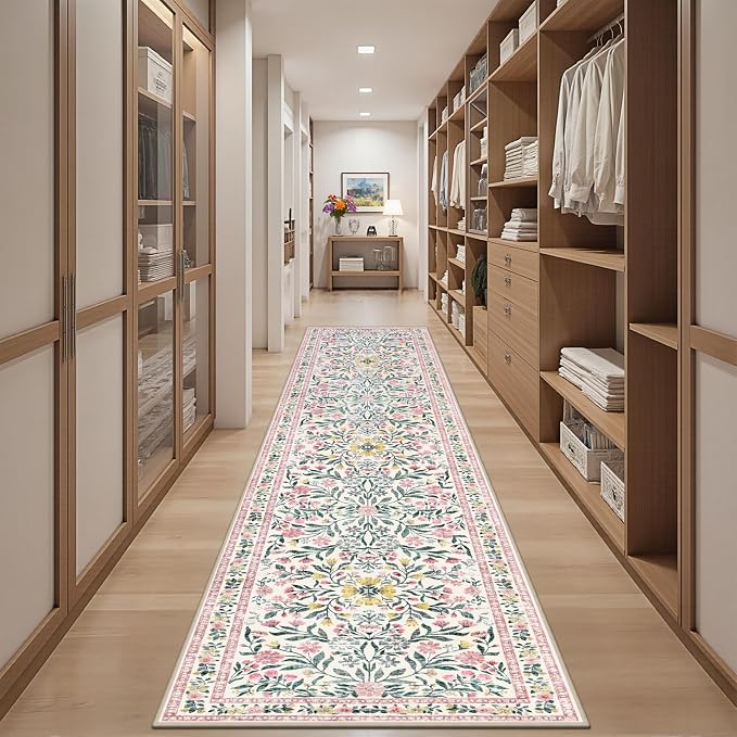 PLHXFR 2.6x10 Washable Runner Rug：Floral Indoor Kitchen Carpet Pink Green | - Image 5