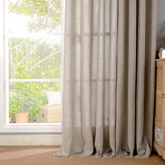 YoungsTex Oatmeal Linen Curtains 45 Inch Length, Burlap Semi Sheer Drapes - Image 7