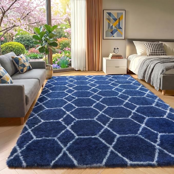 5x7 Area Rugs for Living Room Boys Bedroom, Fluffy Navy Blue and White Rug | - Image 5