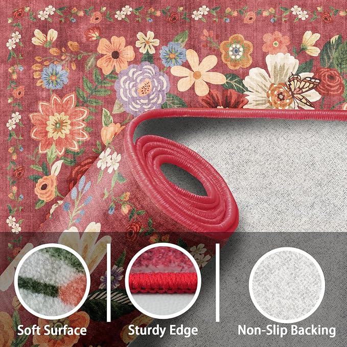 Floral Entry Rug Small Red Door Mat 24x17Inch - Image 7