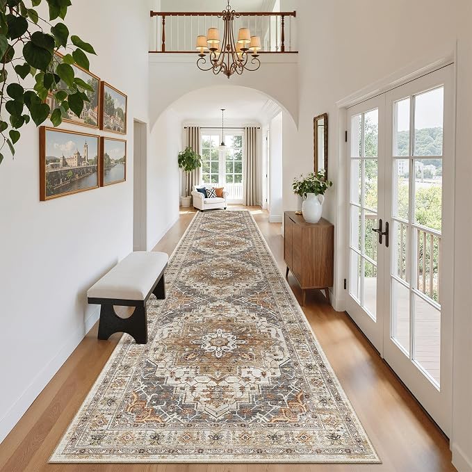 Madane Hallway Runner Rug 2'6''x16' Kitchen Runners Vintage, Turmeric/Grey | - Image 3