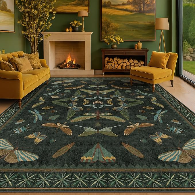 Dark Green Insect Area Rugs 8x10 by HazoHaus
