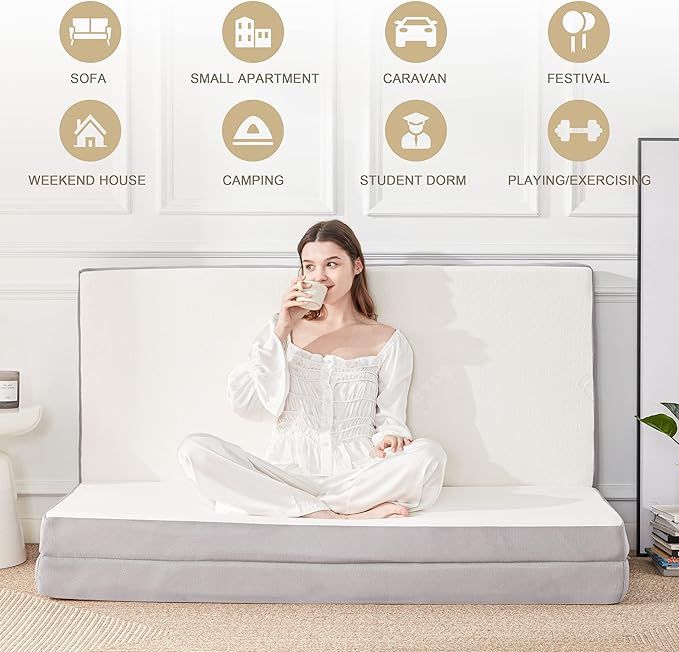 Folding Memory Foam Mattress, 4" Tri-fold with Breathable Washable Bamboo Fiber Cover, Foldable Guest Bed for Camping, Road Trip, Queen