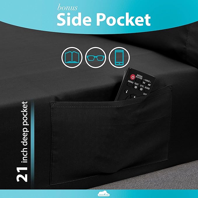 DREAMCARE Queen Sheet Set – 6 pcs Cooling Bed Sheets – up to 21” Deep Pocket Queen Sheets Set – 2500 Supreme Collection – Extra Soft 100% Brushed Microfiber Hotel Luxury with Side Pocket – Black
