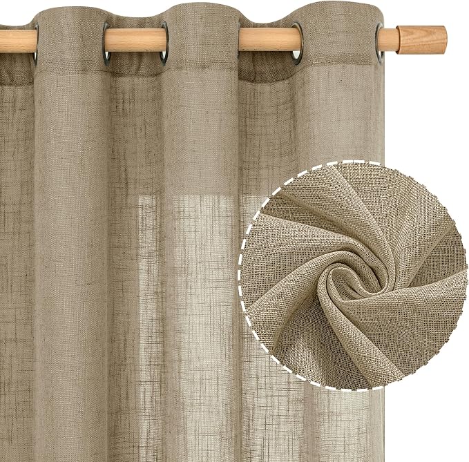Taupe Linen Sheer Curtains 54 Inches Long, Light Filtering Panels Bronze - Image 2