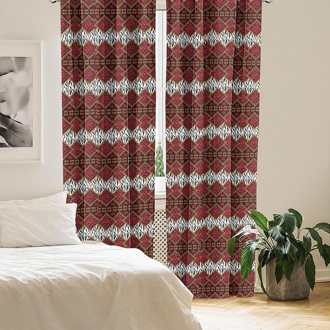 Ambesonne Savannah Curtains, Animal Skin Stripes as Diamond Shapes Pattern Wild Life Concept Native Art, Window Treatments 2 Panel Set for Living Room Bedroom, Pair of - 28" x 63", Red Brown