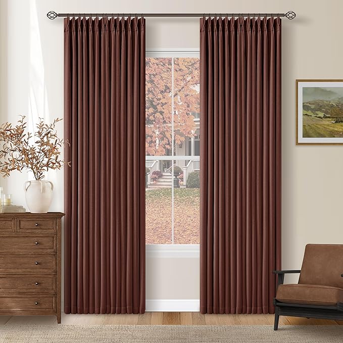 Chestnut Brown Pinch Pleated Blackout Linen 84 Inch Curtains by Twodrapes