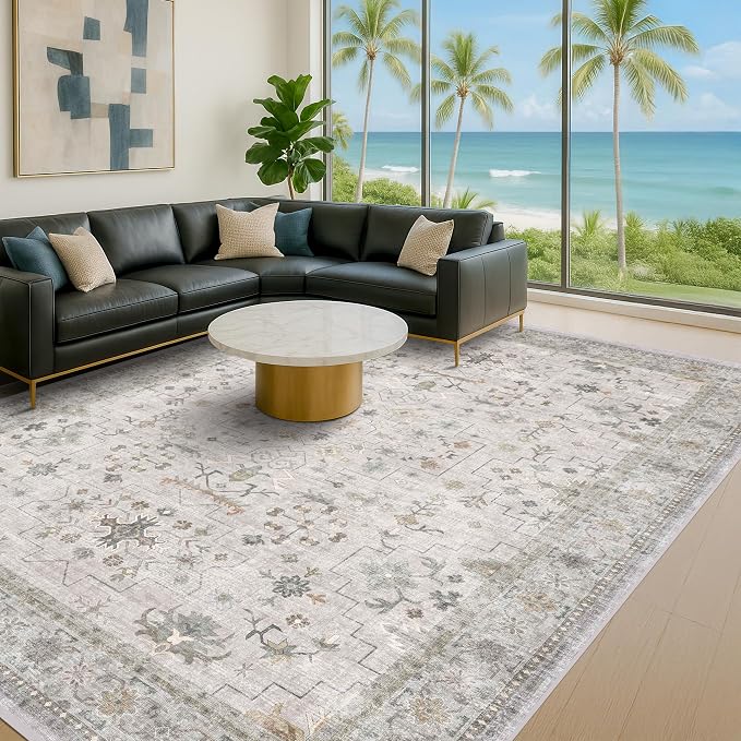 Large Light Gray & Sage 10x14 Living Room Rug by HazoHaus