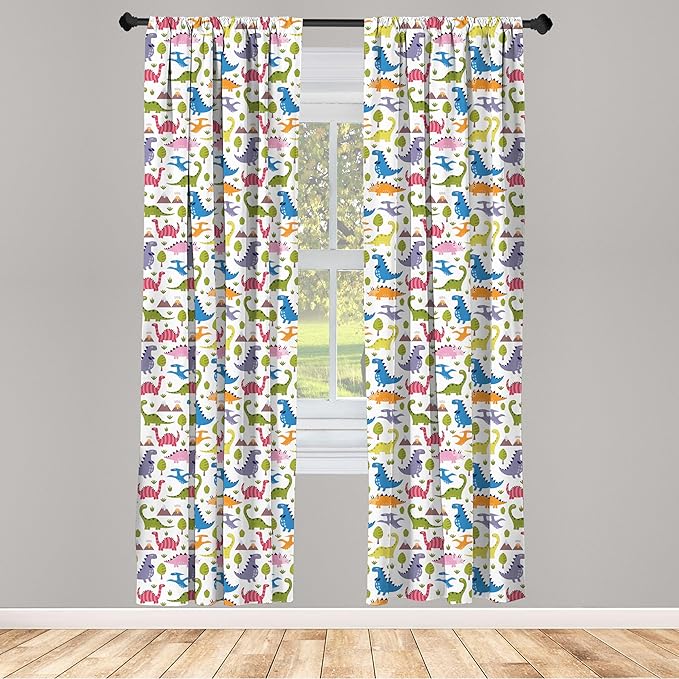 Ambesonne Dino Window Curtains, Cartoon Style Colorful Dinosaurs T-Rex Triceratops Prehistoric Reptile Wildlife, Lightweight Decor 2-Panel Set with Rod Pocket, Pair of - 28" x 95", Blue Green