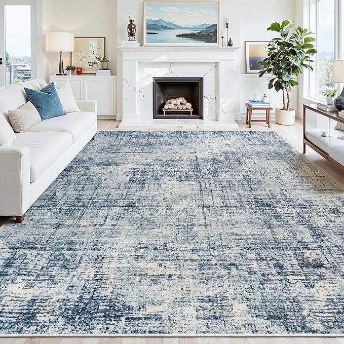 8x10 Washable Area Rug for Living Room Bedroom: Non-Slip Modern Blue Gold | by Oriannal