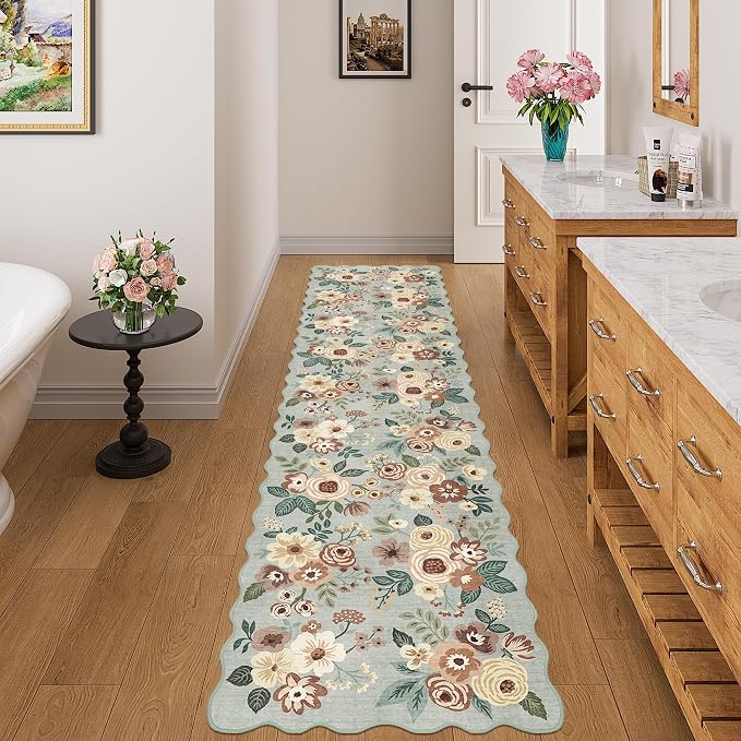 DUKINO 2x8 Washable Runner Rug, Floral Non Slip Kitchen Rugs, Sage Green | Low - Image 5
