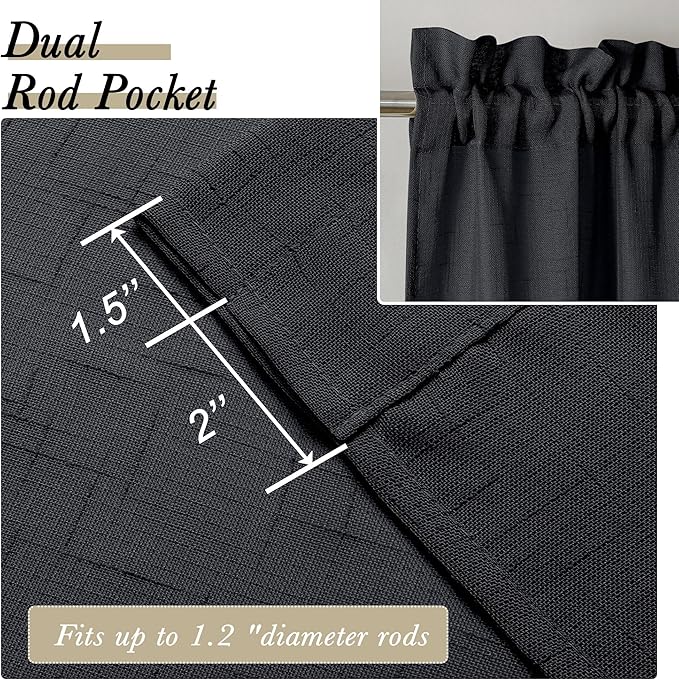 Aiyufeng Kirei 2 PCS Black Sheer Textured Curtains 36 inch Length, Faux Linen Textured Soft Elegant Short Cafe Curtains for Farmhouse Bathroom Bedroom Small Windows, Each 30Wx36L inch
