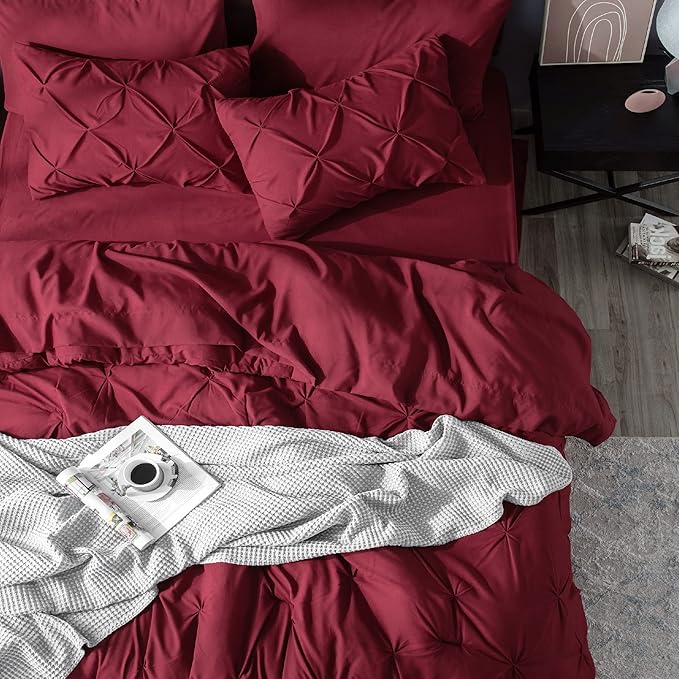 Bedsure Full Comforter Set Dark Red - Bed in a Bag Full Size Bedding Set 7 Pieces, GentleSoft™ Pintuck Bed Set Gift for Family, Pinch Pleat All Season Comforter with Sheets, Pillowcases & Shams