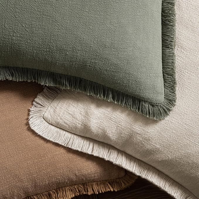 MIULEE Linen Fringe Decorative Fall Euro Throw Pillow Covers Brown 28x28 | Set - Image 4