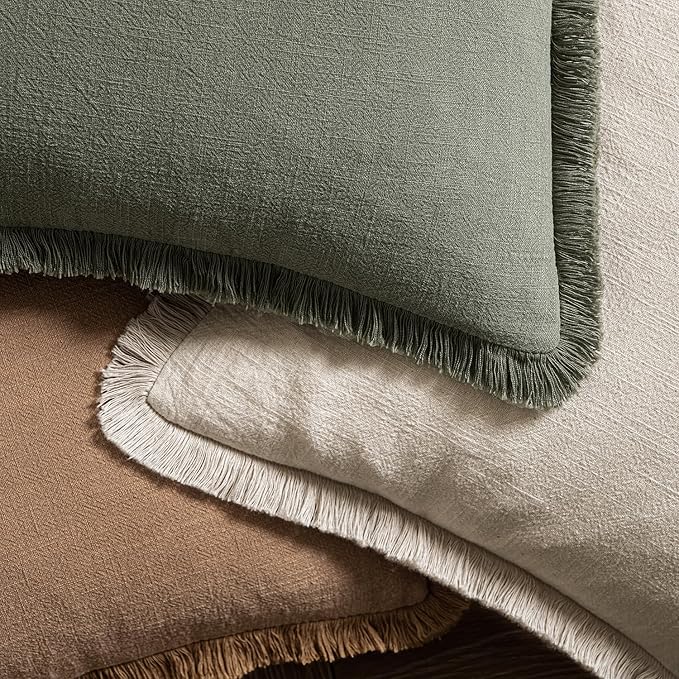 MIULEE Linen Fringe Decorative Throw Pillow Covers Light Olive Green 20x20 | - Image 4