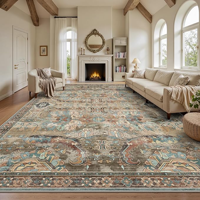 8x10 Area Rugs, Vintage Retro Soft Washable Rug, Non-Slip Low Pile Rugs by Yarooge