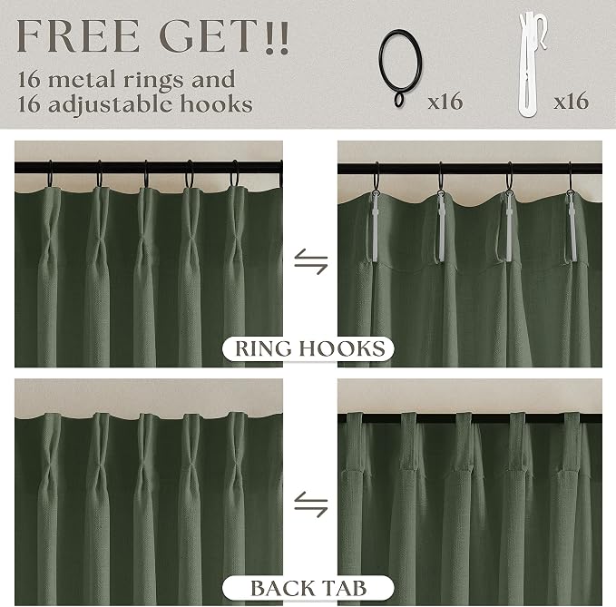 Olive Green Pinch Pleated Linen Semi Sheer Bedroom Curtains 92 Inches Long | - Image 5