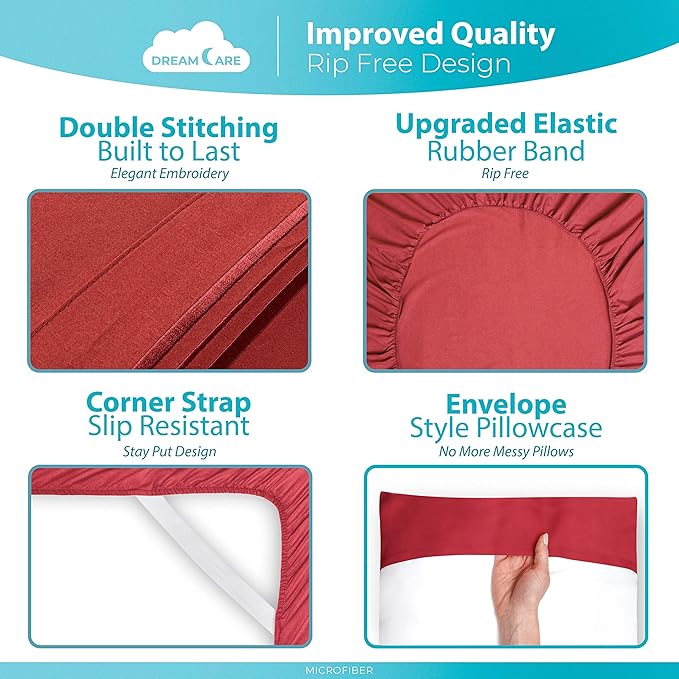 DREAMCARE Sheets Full Size Bed - Cooling Bed Sheets - 6pcs Set - Full Sheet Set - Full Size Sheets - Full Size Sheet Sets Soft & Long Lasting 100% Fine Brushed Polyester with Side Pocket - Burgundy