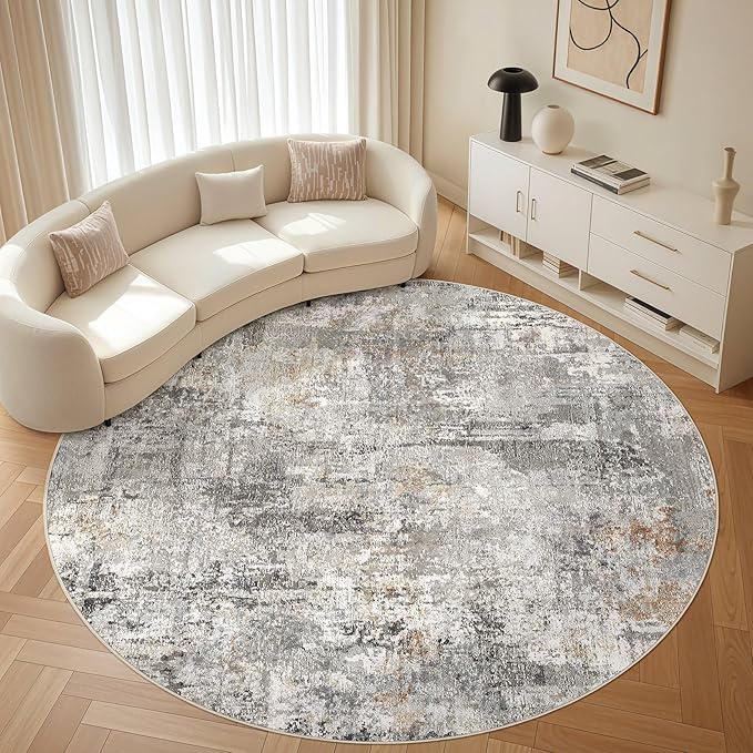 LOONGRUG Round Rug 8x8 Washable Large Neutral Modern Circle Rugs Grey Rust | by LOONGRUG