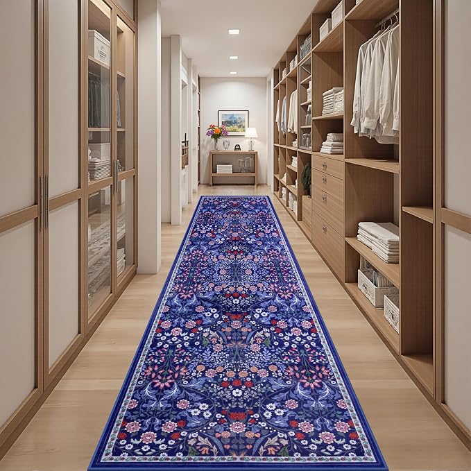 PLHXFR 2.6x14 Washable Runner Rug：Floral Indoor Kitchen Soft Carpet Blue | - Image 5