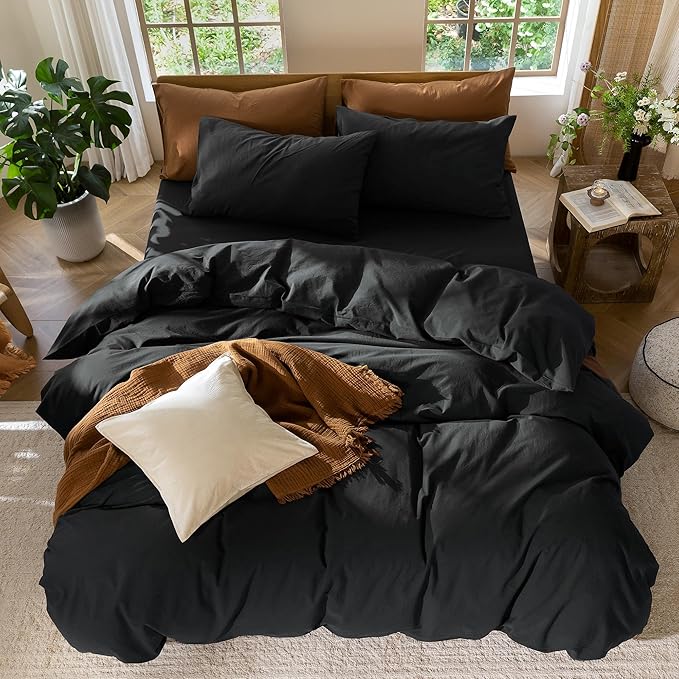 MooMee Bedding Duvet Cover Set 100% Washed Cotton Linen Like Textured Breathable Durable Soft Comfy (Solid Black, Twin 68"x90")