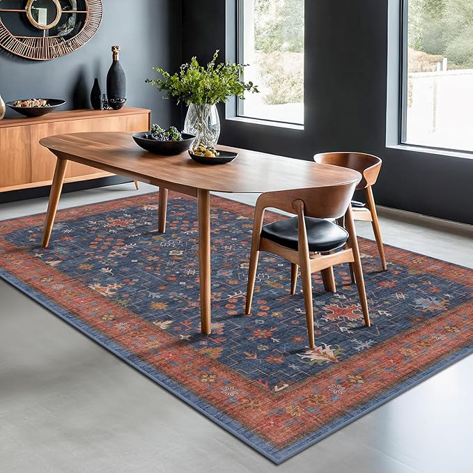 Dark Blue & Terracotta 5x8 Living Room Rug - Image 3