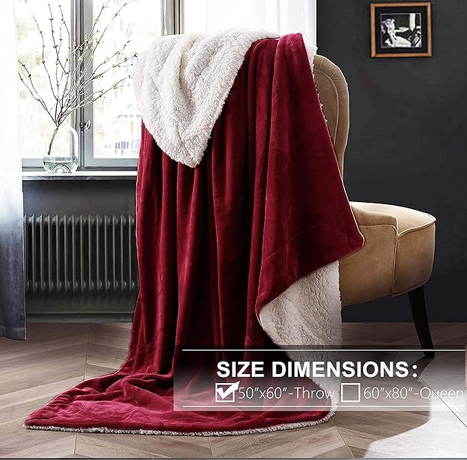 NANPIPER Sherpa Blanket Warm Blankets Super Soft Fuzzy Flannel Fleece/Wool Like Reversible Velvet Plush Couch Blanket Lightweight(Wine Red Throw Size 50"x60")