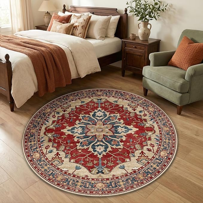 RELEANY Washable Area Rug, Round 4ft, Water Repellent, Pet Friendly, Vintage by RELEANY