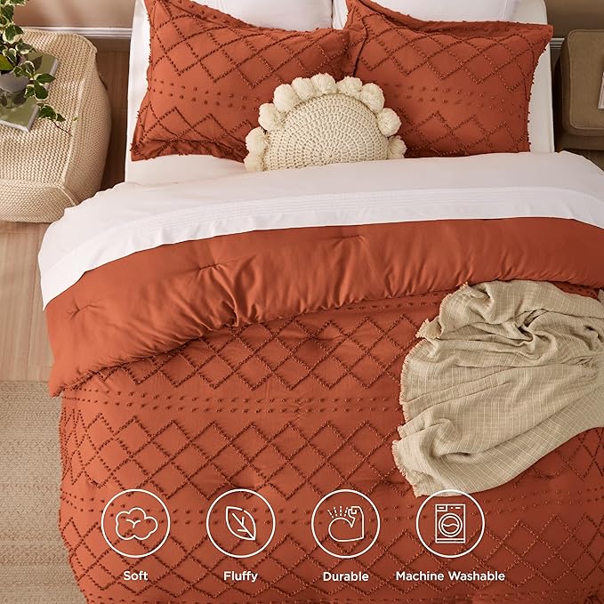 Bedsure California King Comforter Set - Terracotta Comforter, Boho Tufted Shabby Chic Bedding for Kids, 3 Pieces Vintage Farmhouse Bed Set for All Seasons, Fluffy Soft Bedding with 2 Pillow Shams